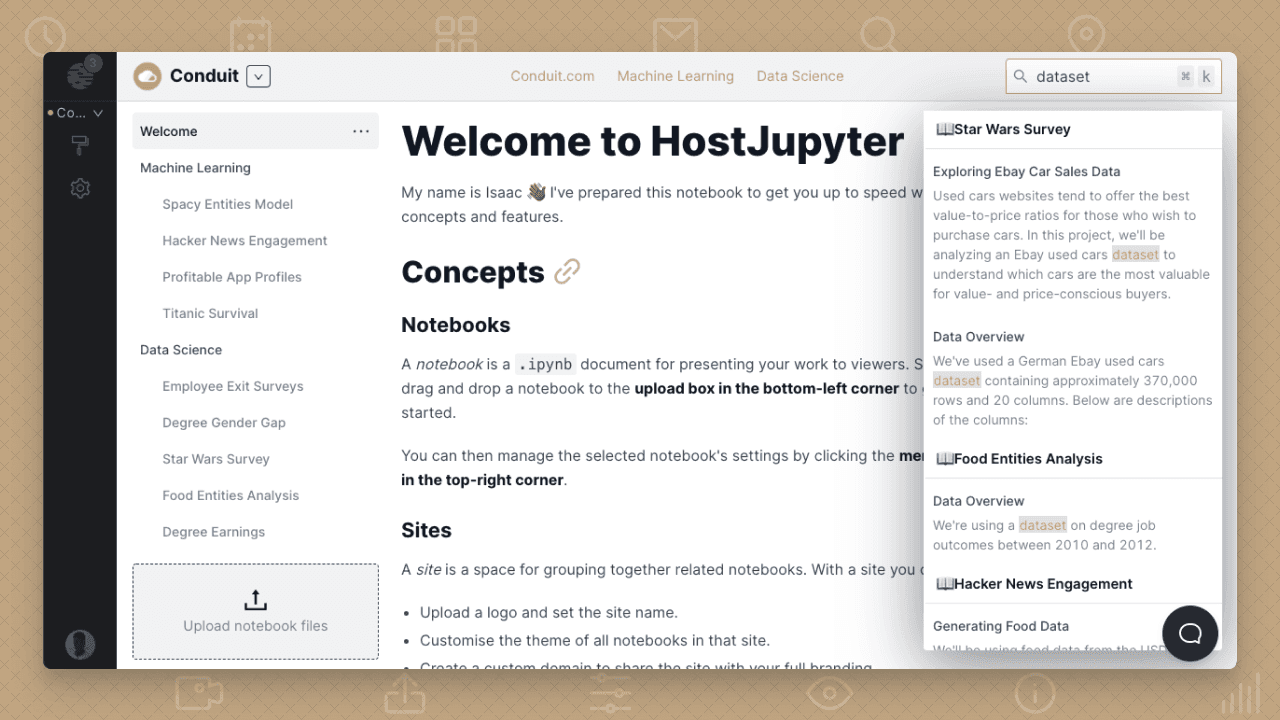 Screenshot of the HostJupyter application interface highlighting the search dropdown.